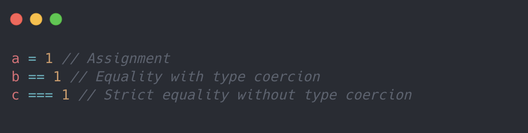 What are the differences between '='', '==' and '===' in JavaScript?